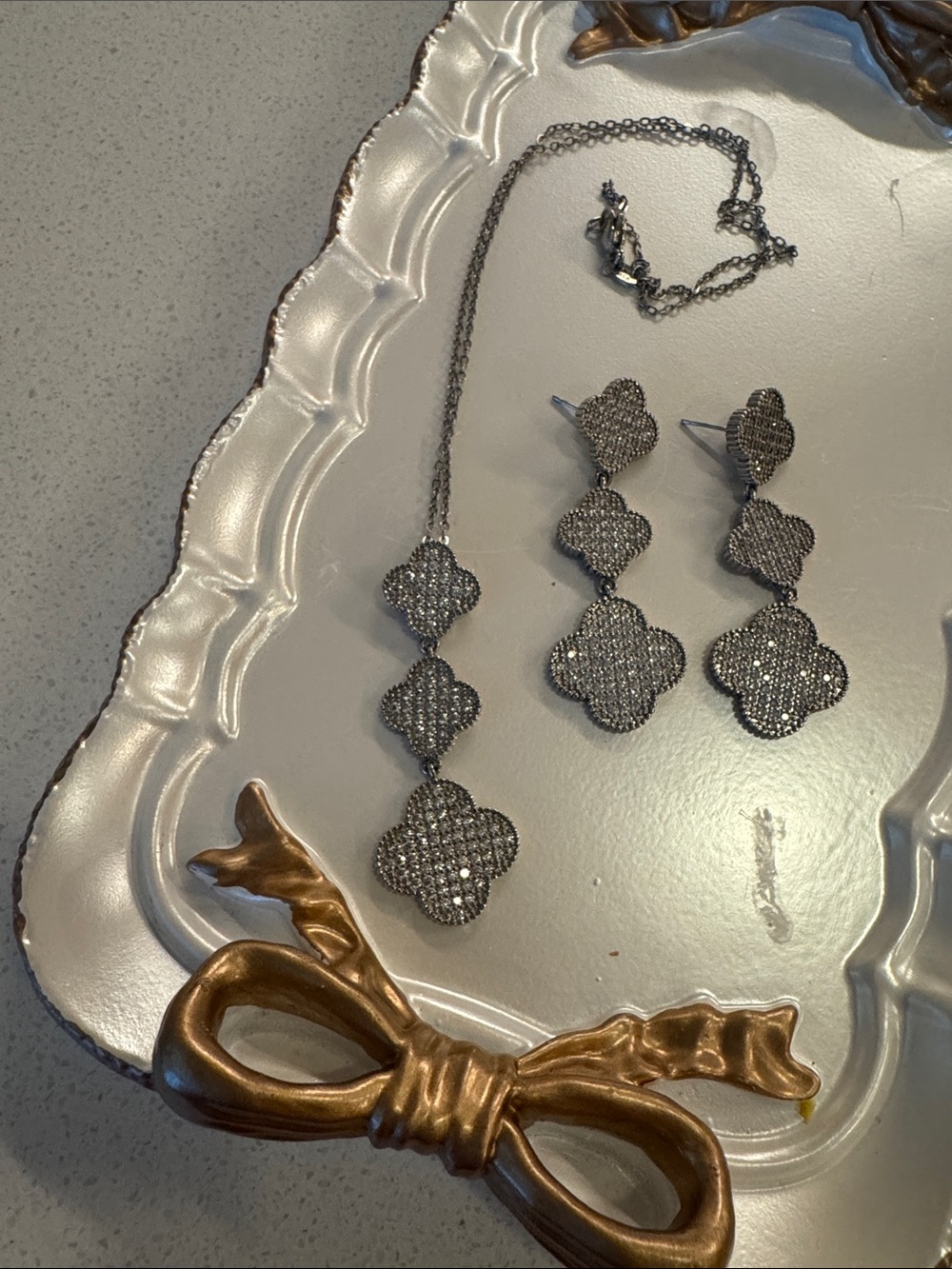 Pave Clover Pendant Necklace and Drop Earrings Set - Silver
